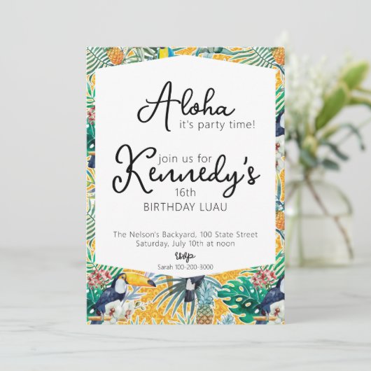 Uitnodiging voor Luau Party | Toucans & Ananas (Staand voorkant)