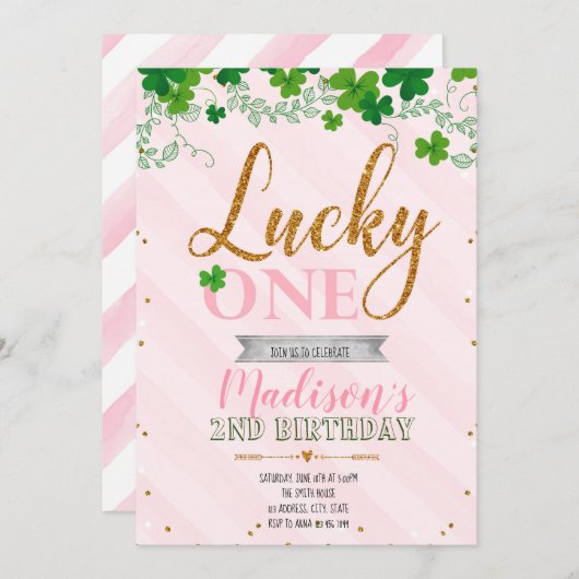 Uitnodiging voor lucky one-feest (Voorkant / Achterkant)
