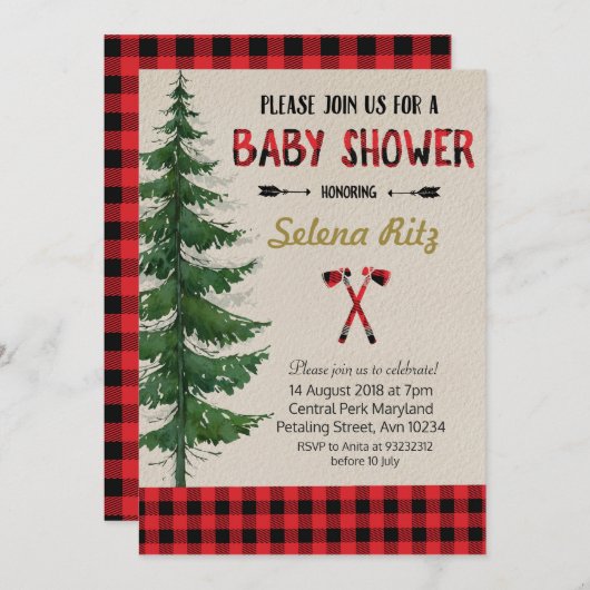 Uitnodiging voor Lumberjack Baby shower Party (Voorkant / Achterkant)