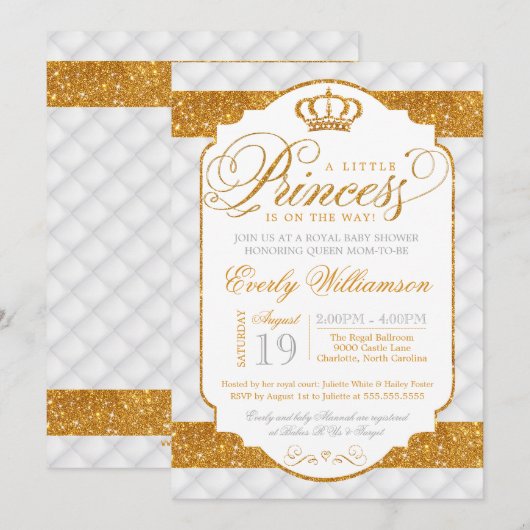 Uitnodiging voor luxe witte gouden babyshower voor (Voorkant / Achterkant)