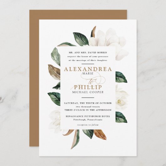 Uitnodiging voor Magnolia Wedding | wit (Voorkant / Achterkant)