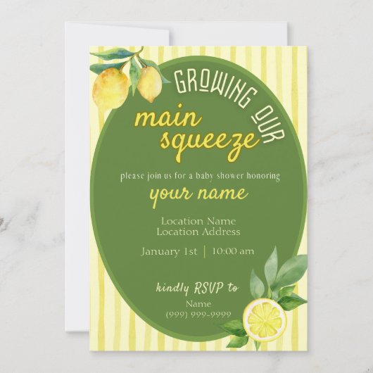 Uitnodiging voor Main Squeeze Lemon Baby Shower (Voorkant)