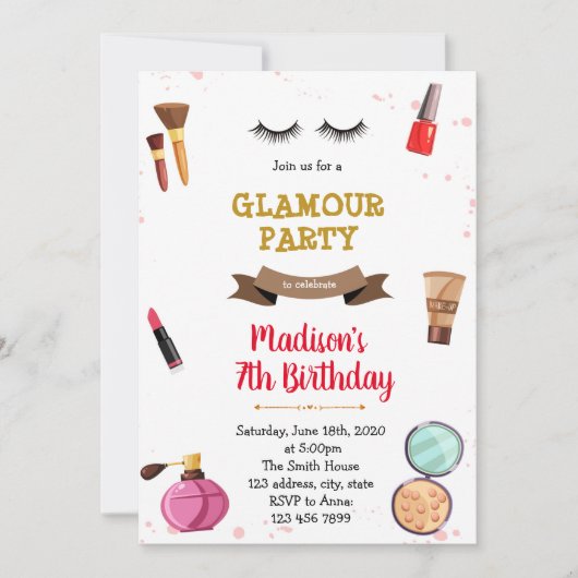 Uitnodiging voor make-up spa-slaapfeestje (Voorkant)