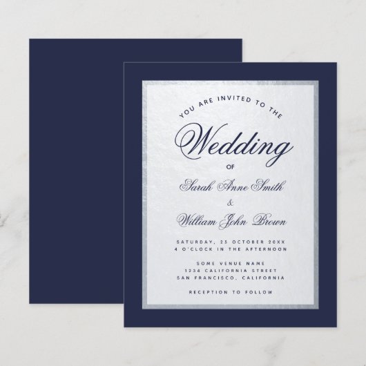 Uitnodiging voor marinesurft Blue Faux Silver (Voorkant / Achterkant)