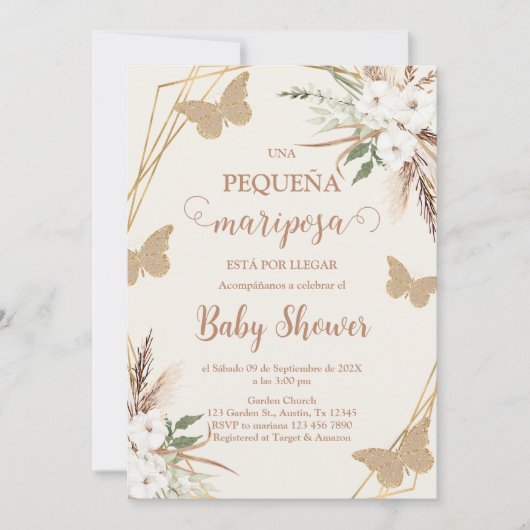 Uitnodiging voor Mariposa Baby Shower in het Spaan (Voorkant)