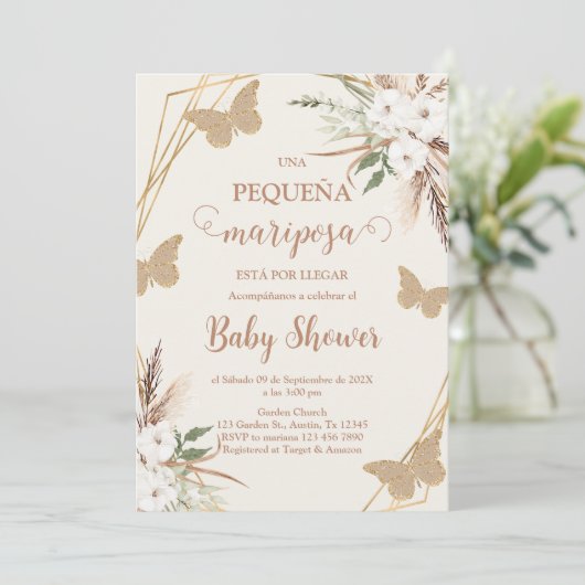 Uitnodiging voor Mariposa Baby Shower in het Spaan (Staand voorkant)
