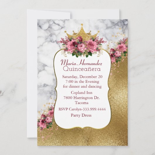Uitnodiging voor Marmered en Gold Crown Quinceañer (Voorkant)