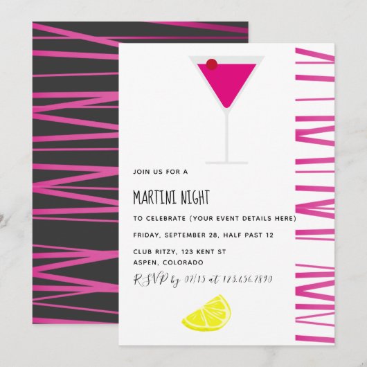 Uitnodiging voor Martini Cocktail Nacht Feest (Voorkant / Achterkant)