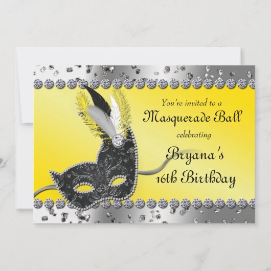 Uitnodiging voor Masquerade Zilver en Geel Feest (Voorkant)