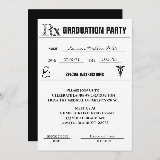 Uitnodiging voor medisch recept Pad Afstuderen (Voorkant / Achterkant)