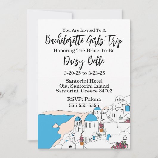 Uitnodiging voor meidenavakantie in Santorini (Voorkant)