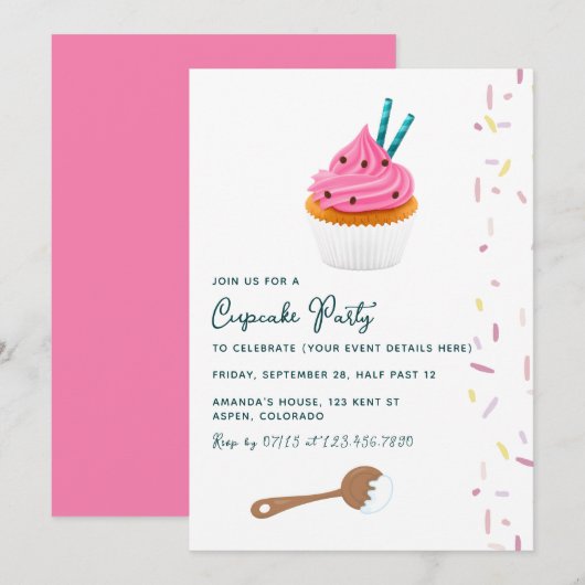 Uitnodiging voor meisje verjaardag cupcake bakfees (Voorkant / Achterkant)