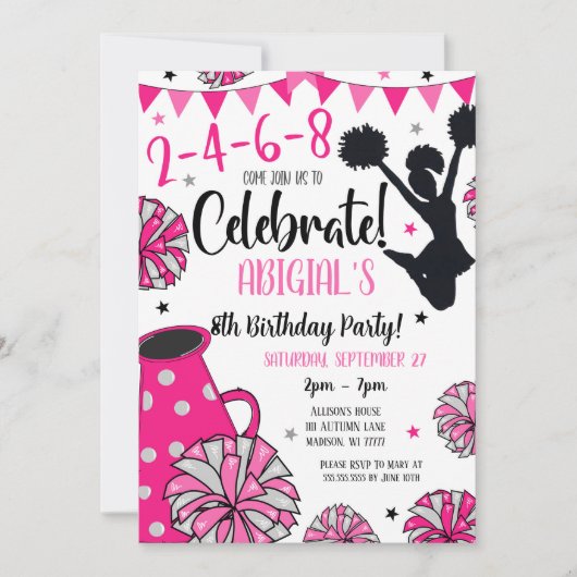 Uitnodiging voor meisjes cheerleader feestje (Voorkant)