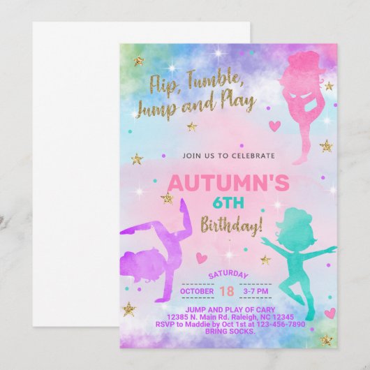 Uitnodiging voor meisjes op de verjaardag van Gymn (Voorkant / Achterkant)