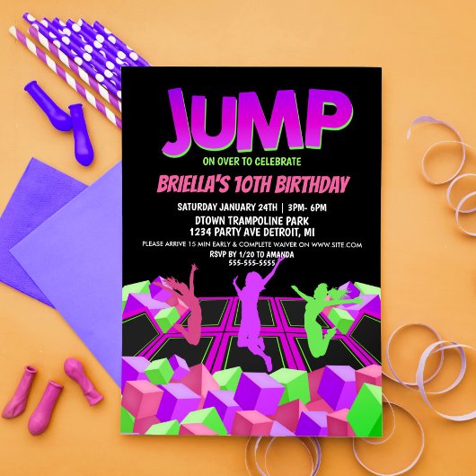 Uitnodiging voor meisjes trampolineparkfeest