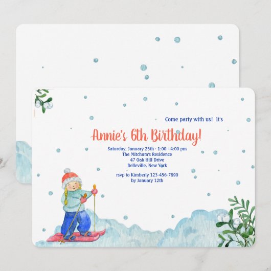 Uitnodiging voor meisjes voor wintersporten (Voorkant / Achterkant)