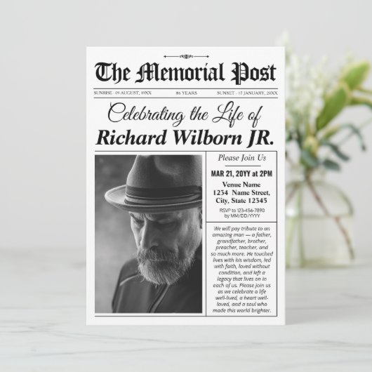 Uitnodiging voor Memorial Funeral Invitation Newsp (Staand voorkant)