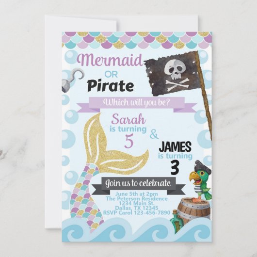 Uitnodiging voor Mermaid Pirate Birthday Party (Voorkant)