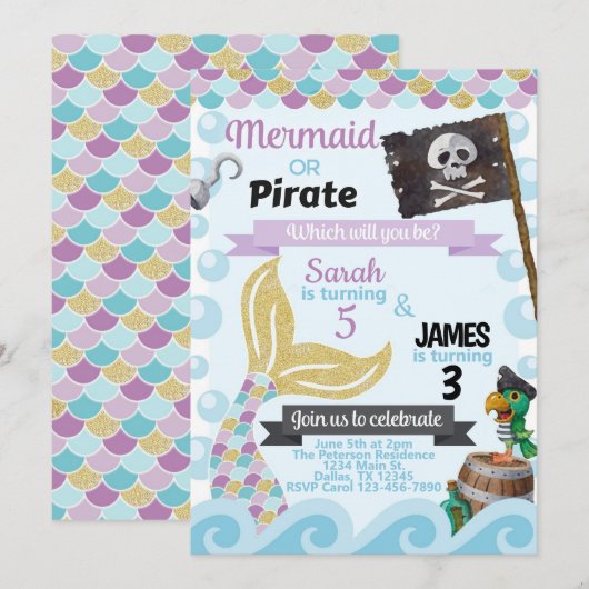 Uitnodiging voor Mermaid Pirate Birthday Party (Voorkant / Achterkant)