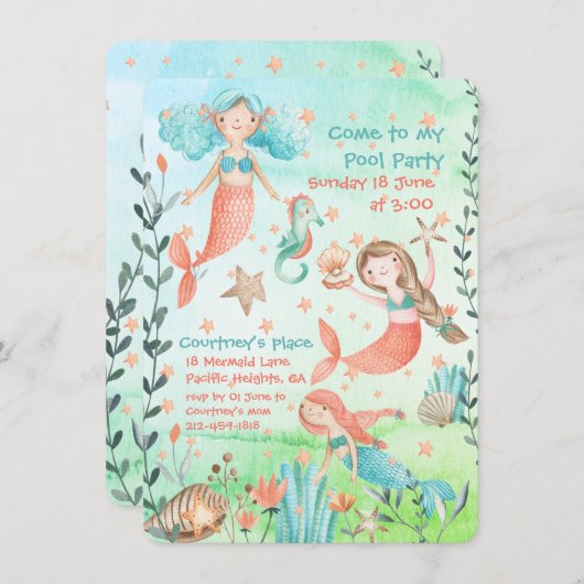 Uitnodiging voor Mermaid Swimming Pool (Voorkant / Achterkant)