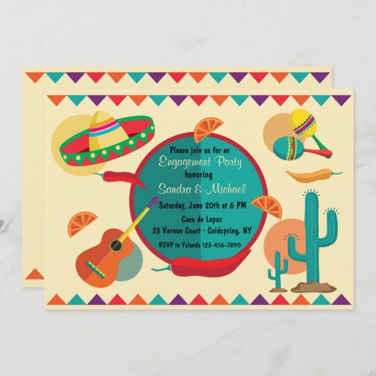 Uitnodiging voor Mexican Theme Engagement Party (Voorkant / Achterkant)