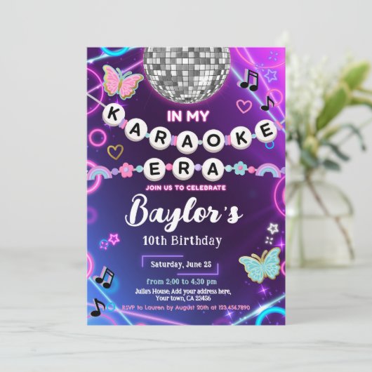 Uitnodiging voor mijn karaoke-tijdperkfeest (Staand voorkant)