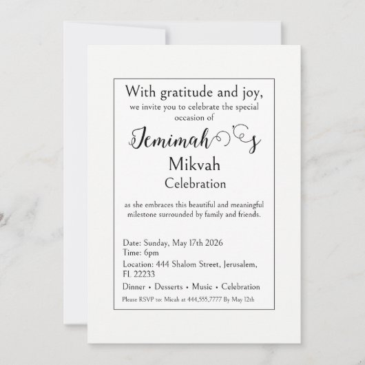 Uitnodiging voor Mikvah-viering, modern eenvoudig (Voorkant)