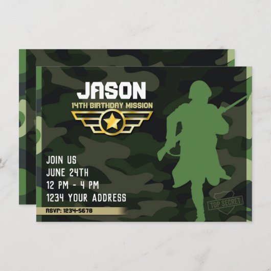 Uitnodiging voor militaire stijlfeestjes (Voorkant / Achterkant)