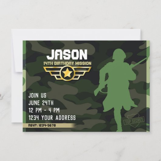 Uitnodiging voor militaire stijlfeestjes (Voorkant)