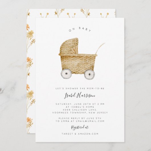 Uitnodiging voor minimalist baby shower met rotan  (Voorkant / Achterkant)