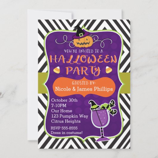 Uitnodiging voor modern gestreept feest met Hallow (Voorkant)