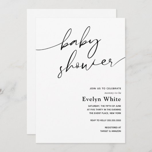 Uitnodiging voor modern kalligrafie Baby shower (Voorkant / Achterkant)