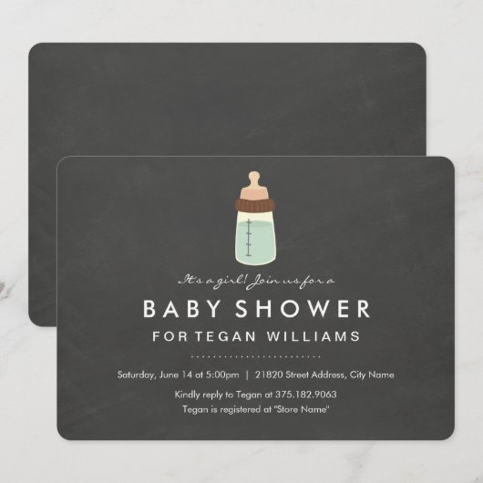 Uitnodiging voor modern krijtbord en flesje Baby s (Voorkant / Achterkant)