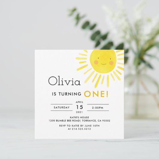 Uitnodiging voor Modern Sunshine 1e verjaardagsfee (Staand voorkant)