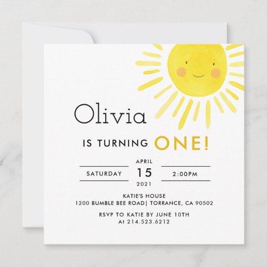 Uitnodiging voor Modern Sunshine 1e verjaardagsfee (Voorkant)