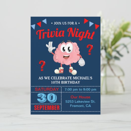 Uitnodiging voor modern trivia-quiz-avond verjaard (Staand voorkant)