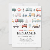 Uitnodiging voor modern vervoer verjaardagsfeestje (Voorkant)