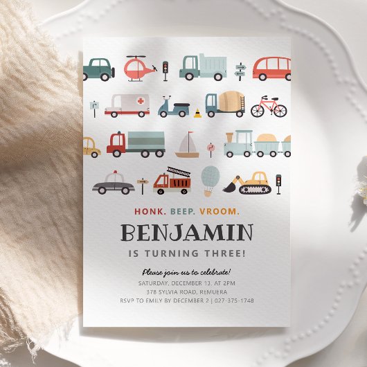 Uitnodiging voor modern vervoer verjaardagsfeestje