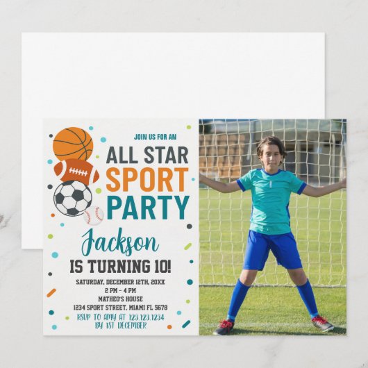 Uitnodiging voor moderne sportverjaardagen (Voorkant / Achterkant)