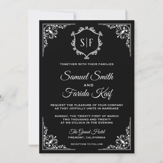 Uitnodiging voor monogram rond zwart-wit (Voorkant)