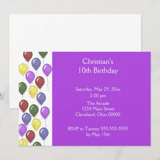 Uitnodiging voor mooie ballonnen (Paars) (Voorkant / Achterkant)