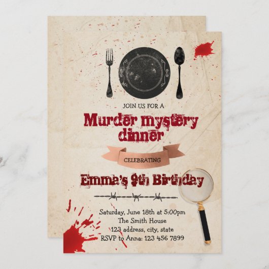 Uitnodiging voor moordmysterie dinerfeest (Voorkant / Achterkant)