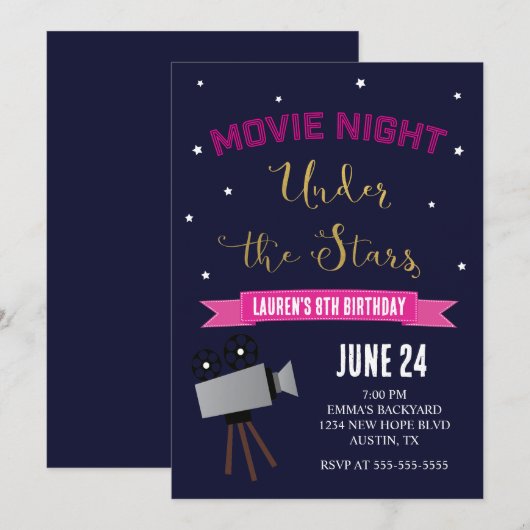 Uitnodiging voor Movie Night Birthday (Voorkant / Achterkant)