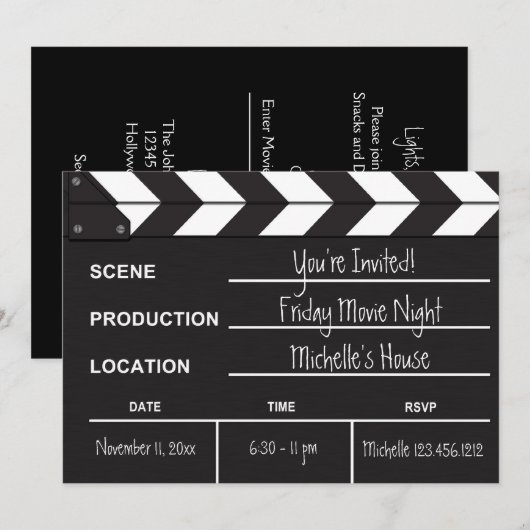 Uitnodiging voor Movie Night Clapboard (Voorkant / Achterkant)