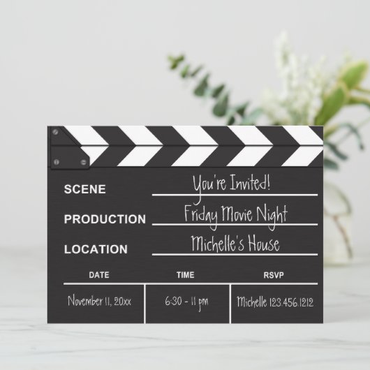 Uitnodiging voor Movie Night Clapboard (Staand voorkant)