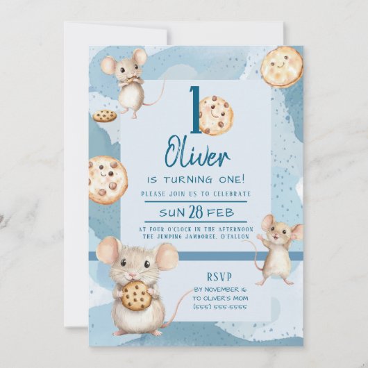 Uitnodiging voor muis en cookie verjaardag (Voorkant)