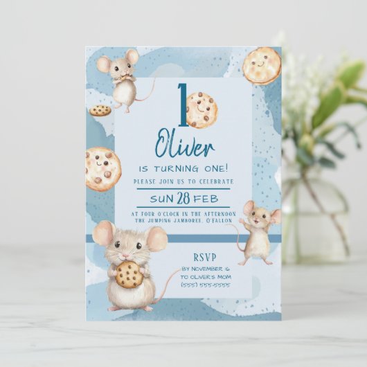 Uitnodiging voor muis en cookie verjaardag (Staand voorkant)