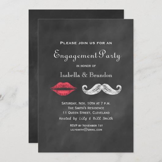 Uitnodiging voor Mustache & Lips Engagement Party (Voorkant / Achterkant)