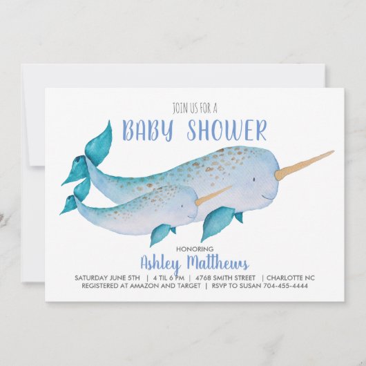 Uitnodiging voor Narwhal baby shower (Voorkant)