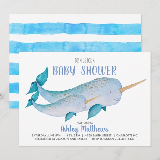 Uitnodiging voor Narwhal baby shower (Voorkant / Achterkant)